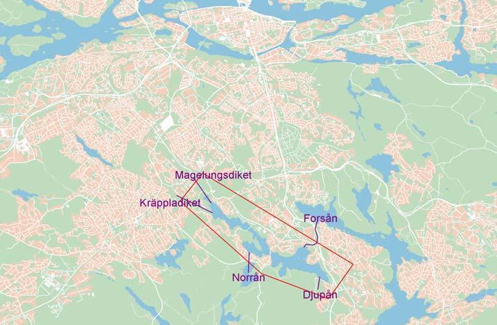 Försöksmuddring i Fagersjöviken, Magelungen Magelungen är en av de största sjöarna i Stockholmsområdet och ligger på gränsen mellan Stockholm och Huddinge, från strax söder om Högdalstopparna, förbi