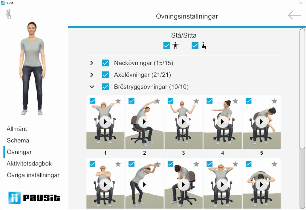 5b: Inställningar övningar Avaktivera övning Klicka på den blå rutan i vänstra hörnet för att avmarkera denna övning. När detta är gjort kommer det stå 9/10 i denna övningskategori.