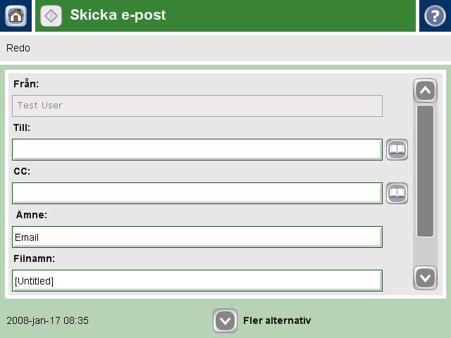 Digital sändning Skicka till e-post 1 Lägg dokumentet med utskriftssidan nedåt på skannerglaset eller uppåt i dokumentmataren. 2 På startskärmen trycker du på E-post.