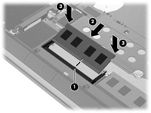 c. Tryck försiktigt minnesmodulen (3) nedåt. Fördela trycket över vänster och höger kant på modulen tills platshållarna snäpper fast. VIKTIGT: Minnesmodulen kan skadas om du böjer den. 7.