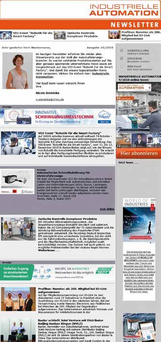 NEWSLETTER Porträt I Preisliste Werbeformen 1PFN 1 Porträt 1 Name: INDUSTRIELLE AUTOMATION Newsletter 2 Kurzcharakteristik: Der 14-tägig erscheinende INDUSTRIELLE AUTOMATION Newsletter informiert