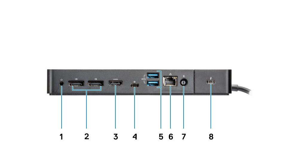 2 Kensington-låsspår Figur 4. Baksida 1 Linje ut-port 2 DisplayPort 1.4 (2) 3 HDMI2.0-port 4 USB 3.