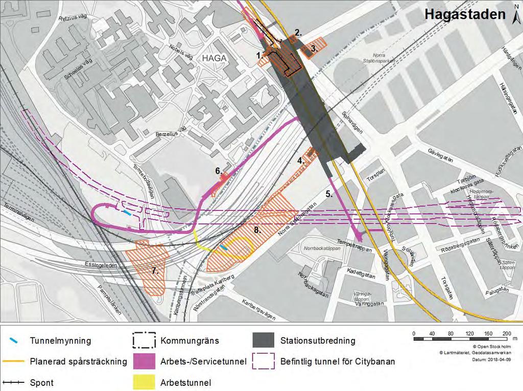 Figur 8. Mark kring station Hagastaden som tas i anspråk under byggskedet som arbetsområden och/eller etableringsytor.