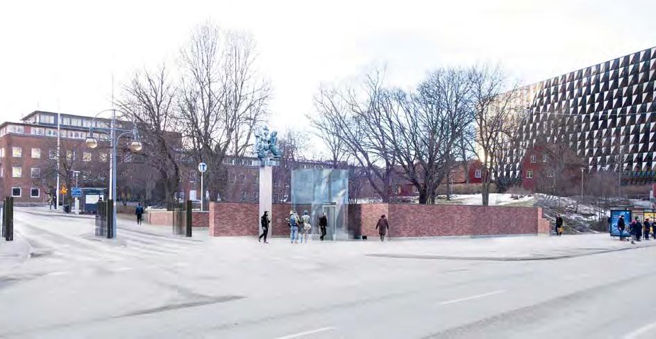 Tunnelbaneentrén vid Karolinska Institutet innebär även att den skulptur av Eric Grate från år 1938, kallad Det entomo- plats. Denna del av muren försvinner Figur 32.