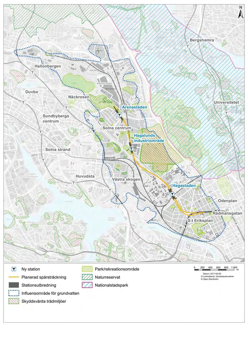 Figur 35. Områden av värde för naturmiljö i förhållande till utredningsområdet för naturmiljö (samma som influensområdet för grundvatten).