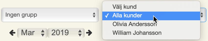 Du kan filtrera på Alla kunder eller en kund för sig. I bilden ovanför valdes Alla kunder.