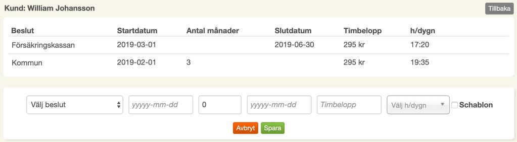 De datum som sätts i Anställd från och Anställd till påverkar beräkningsperioden för användaren.