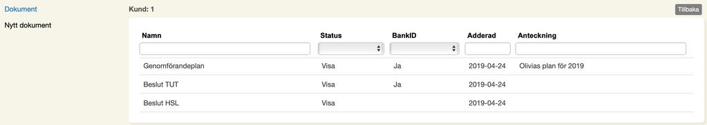 Lägga till dokument på kund Om du vill så kan du lägga upp dokument för en kund. Detta kan exempelvis vara en genomförandeplan, ett beslut eller avtal.