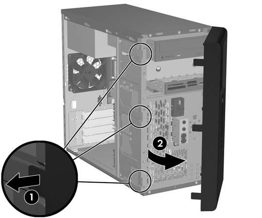 7. För att ta bort frontpanelen drar du ut alla tre flikarna på frontpanelens vänstra sida (1) och vrider panelen så att den lossnar från chassit (2), först vänstra sidan och sedan den högra.