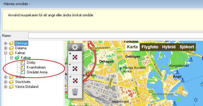 Hämta kommun och områden Väljer du Hämta kommun och områden ser du att de fördefinierade områden som har polygoner är markerade med en blå bock.