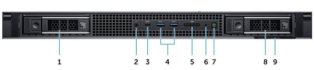 2 Chassiöversikt Framsida 1 Hårddiskens kortplats 0 2 Ljudport 3 USB 3.1 Gen2 Typ C-port 4 USB 3.