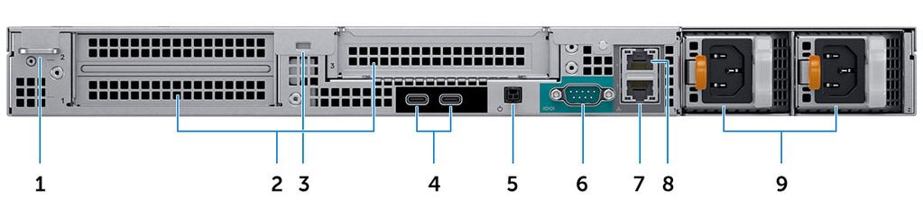 9 Servicenummer Baksida 1 Hänglåsring 2 Kortplatser för expansionskort 3 Plats för kabellås 4 USB 3.