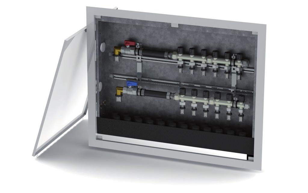 MULTISYSTEM PREFAB FLOW Färdigmonterat Multi tappvattenskåp förberett för vattenmätning Multisystem Prefab Flow är ett läckagesäkert skåp med fördelarstavar och kopplingar för tappvatten, monterat