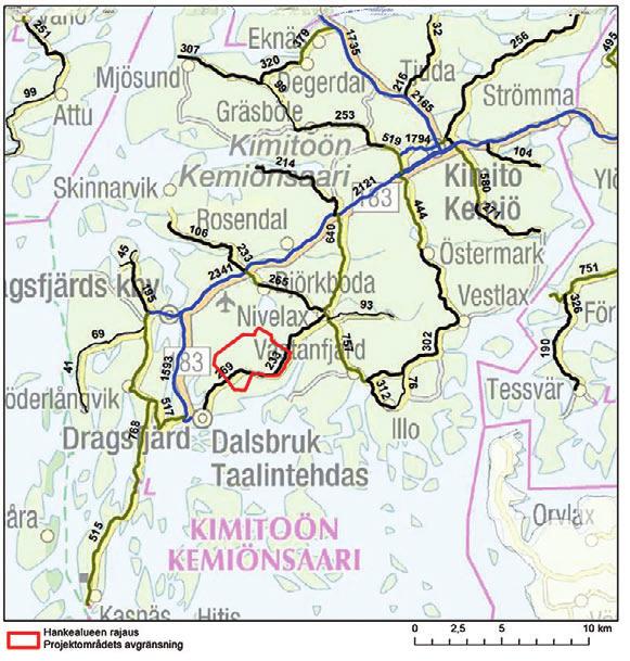 Projektområdets avgränsning är utmärkt med blått.