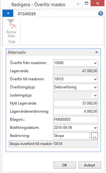 När Transaktionstypen Flyttning välja öppnas en ny skärmbild: I bilden ska du mata in numret på den maskin som det ska överföras från (Överför från maskinnr.