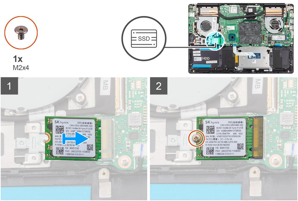 1. Om det behövs, justera halvledarenheten för att rymma M.2 2230 SSD. 2. Rikta in skåran på halvledarenhets-modulen med fliken på kontakten för halvledarenheten. 3.