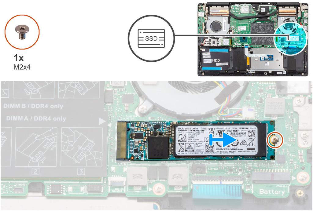 1. Ta bort skruven (M2x4) som håller fast halvledarenheten i moderkortet. 2. Skjut ut och lossa halvledarenheten modulen från kontakten på halvledarenheten på moderkortet. Installera M.