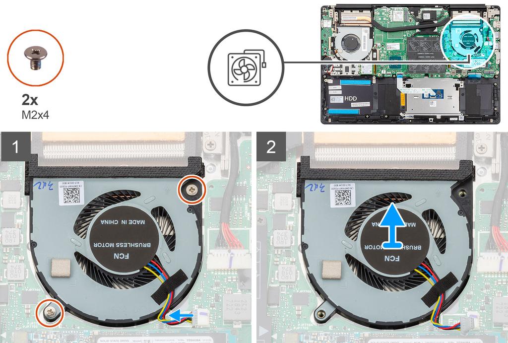 3. Sätt tillbaka de två (M2x4) skruvarna för att hålla fast GPU-fläkten på handledsstöds- och tangentbordsenheten. 4. Anslut GPU fläktkabeln till moderkortet. 1. Installera batteriet. 2.