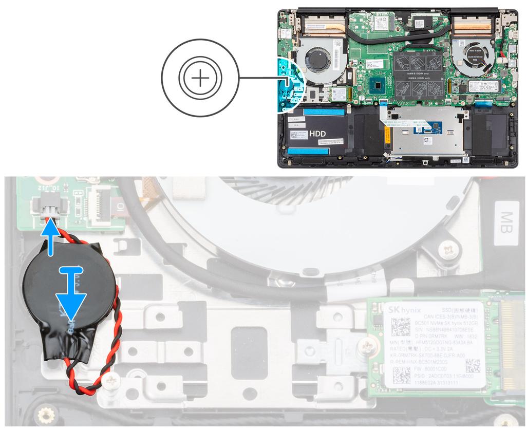 1. Fäst knappcellsbatteriet till kortplatsen på handledsstöds- och tangentbordsenheten. 2. För knappcellsbatteriets kabel enligt bilden och anslut den till I/O-kortet. 1. Installera batteriet. 2. Installera kåpan.