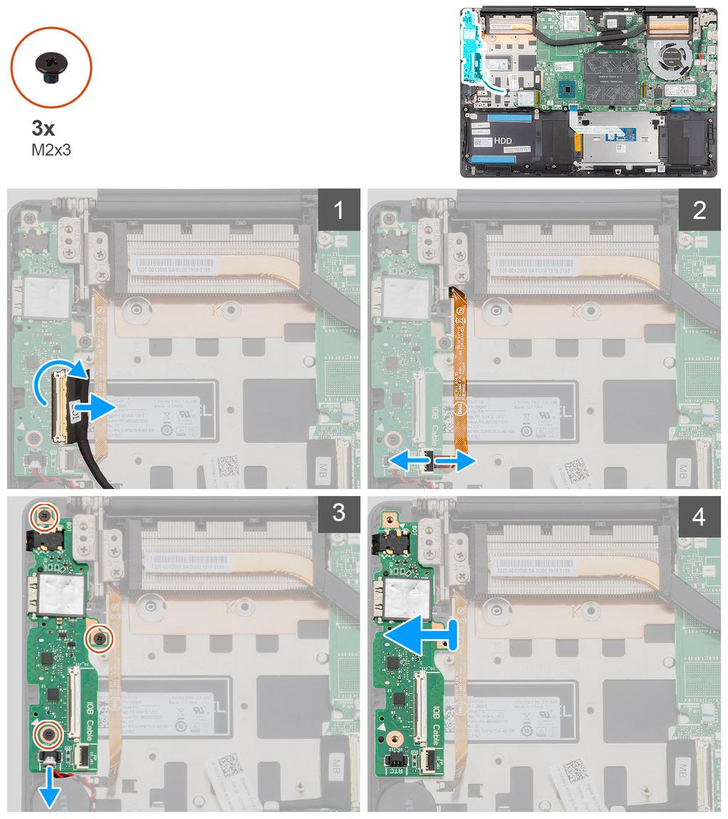 1. Öppna haken och koppla bort kabeln för I/O-kortet från I/O-kortet. 2. Öppna haken och koppla bort fingeravtrycksläsarkabeln från I/O-kortet. 3.