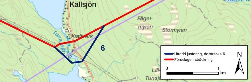 samråda kring båda sträckningarna för att inhämta information och sedan besluta vilket som är mest lämpligt. Figur 7. Utredd sträckningsjustering vid passage mellan Källsjön och Tunsjön.