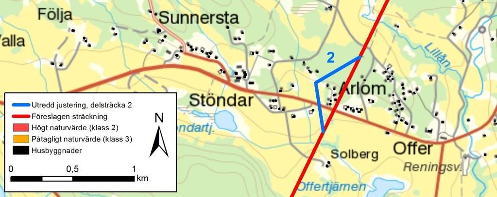 Figur 4. Utredda sträckningsförslag vid bebyggelse vid Arlom. 2.