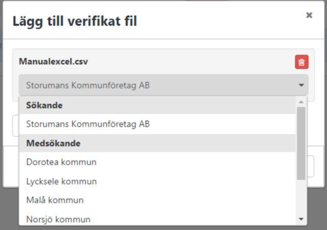 I dialogen som öppnas får du leta fram en eller flera filer på din dator. Bild 15: Välj fil från datorn Välj fil som ska laddas upp, denna måste vara i formatet.csv (kommaseparerad Excelfil).