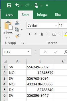 För att lägga till indikatorsorganisationer från fil, skapar man ett Excel-ark där landskoderna är uppradade i första kolumnen