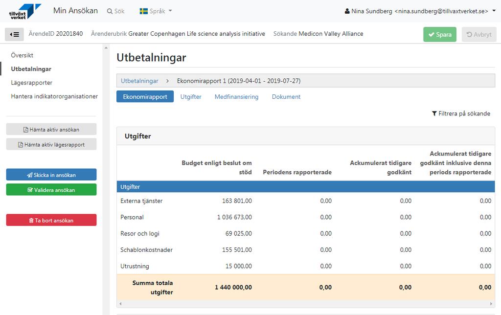 Bild 7: Vy för utbetalning för aktuell period Under den vänstra menyn finns fem knappar: Hämta aktiv ansökan Visar rapporterade transaktioner och beräkning av stöd i PDF-format.