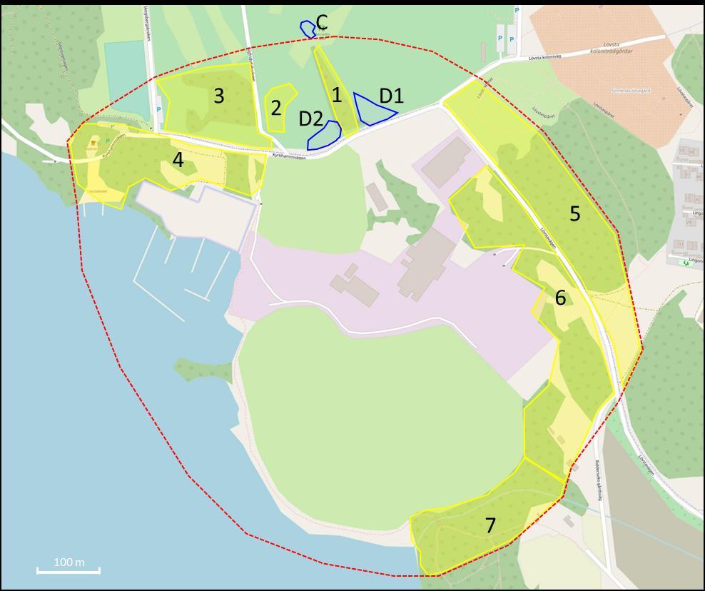 Figur 1. Undersökningsområdet samt områden som valdes ut för mer detaljerade fältundersökningar (numrerade polygoner). Bakgrundskarta CC BY-SA OpenStreetMap Foundation.