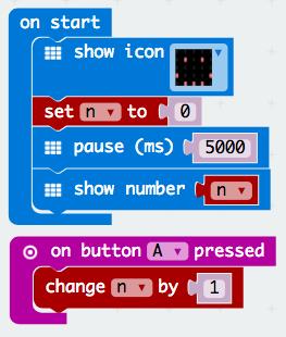 Räkna knapptryck Med button_a.get_presses() får vi reda på antalet tryck på knapp A sedan förra gången vi använde button_a.get_presses() som ett heltal.