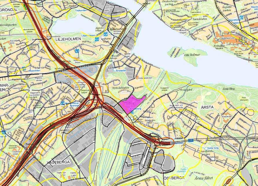 Figur 3 NO 2 som dygnsvärden, 7 värsta dygnet under 2010. Planområdet intill Årstabergs station och norr om Årstabergsvägen markerat i magenta.