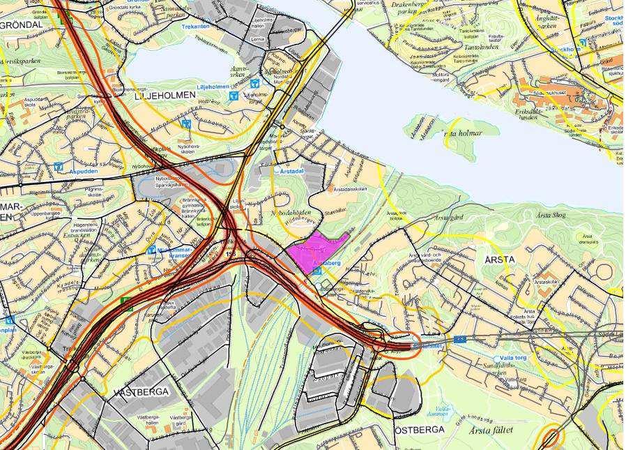 Figur 4 PM10 som dygnsvärden, 36 värsta dygnet under 2010. Planområdet intill Årstabergs station och norr om Årstabergsvägen markerat i magenta.