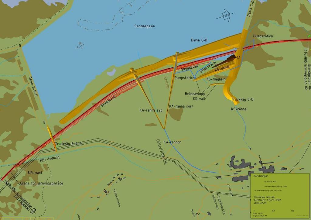 Figur 15: Översikt planerade åtgärder. Den planerade järnvägen, ny damm C- B, truckvägar, A-rännor, KS-magasin, samt den skyddsvall som behöver anläggas vid järnvägen.