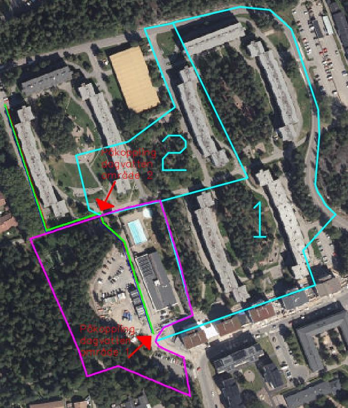 Utöver avrinningen från exploateringsområdet belastas aktuella ledningar även av dagvatten från ytor såväl uppströms som parallellt från exploateringsområdet. Figur 2.