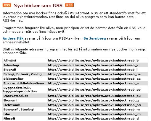 Figur 12: Linköpings Universitetsbiblioteks webbsida med nya förvärv. (http://www.bibl.liu.se/nylista/nylista.htm, 2006-05-11) Bibliotekets webbflöden är mycket enkla att hitta till.