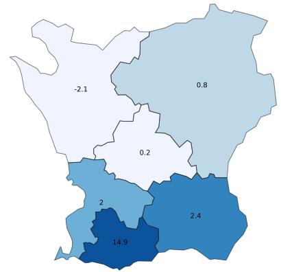 Skurup ökade mest procentuellt (+32,3 %), medan Malmö ökade mest i antal gästnätter (+29 864).