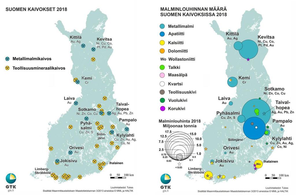 3 Fig. 1. Gruvorna i Finland 2018. Kartan till vänster visar metallgruvorna som blå cirklar, industrimineralgruvorna som orange cirklar. Kartan till höger visar malmproduktionens storlek i milj.