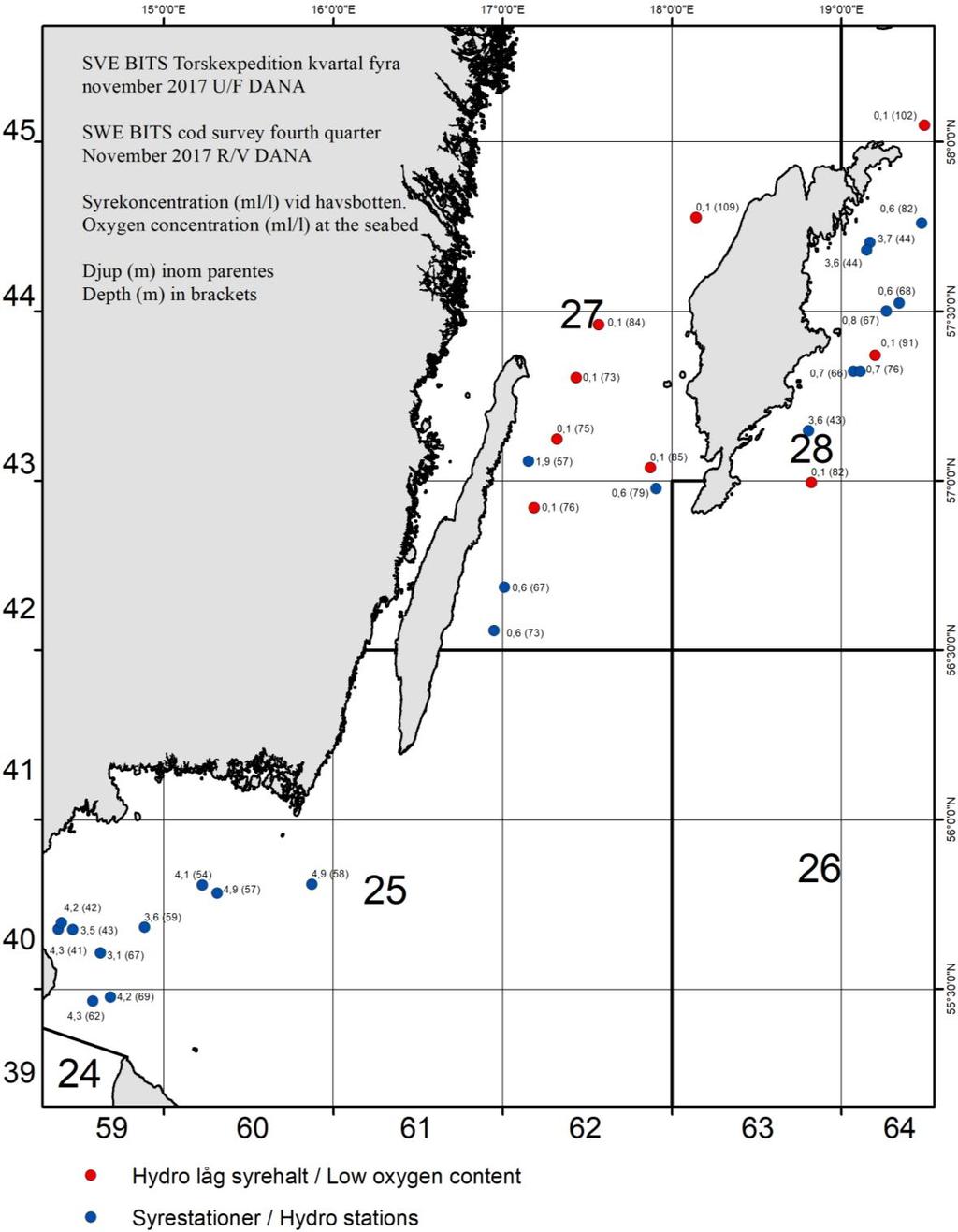 Figur 2. Syrehalter angivit 1 m ovan havsbotten vid samtliga provtagningsstationer. Siffror inom parentes anger djupet.