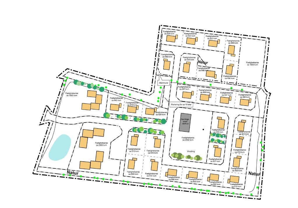 Illustrationen har för avsikt att belysa det nya bostadsområdets tänkta struktur och ge exempel på hur placeringen av bebygeglsen i området skulle kunna se ut.