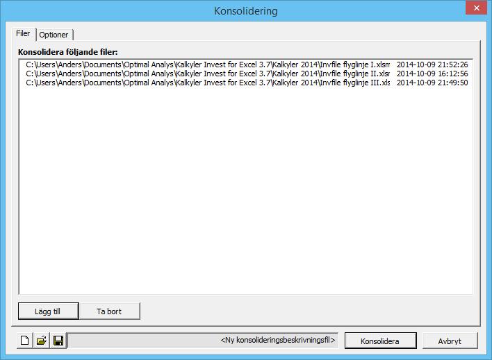 De valda filerna kan sparas som en konsolideringsbeskrivningsfil (*.dsc) för senare bruk.