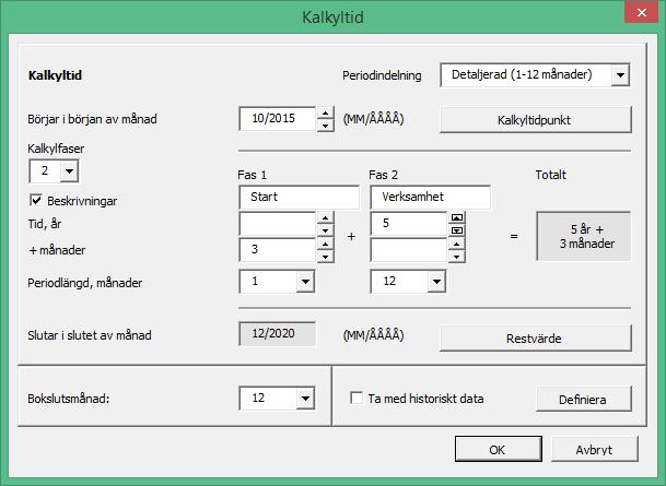 I exemplet ovan är kalkyltiden totalt 5 år och 3 månader, indelat i en 3 månaders Startfas på månadsbasis och en 5-årig Verksamhetsfas på årsbasis.