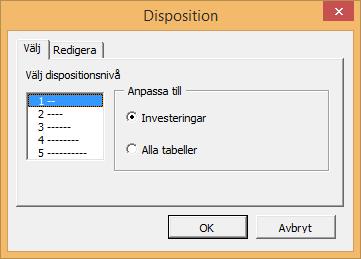 3.2.3 Raddisposition Raddisposition för Kalkylblad finns från programversion Standard. Modifiering av raders dispositionsnivåer finns från programversion Pro.