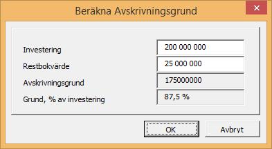 Exempel på en SEK 200 000 000 investering avskriven med start 12/2015 i traditionell linjär avskrivning (1) och en med inriktade utgifter (2) som en investering: Traditionella investeringars (1)