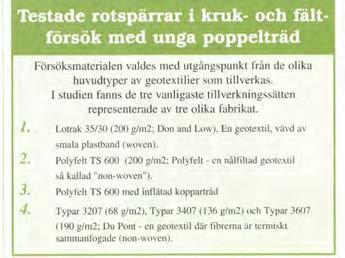 I Alnarpsförsöken testades geotextilier av olika kvalitet och fabrikat. I försöken undersöktes även koppar som ett rothämmande medel.