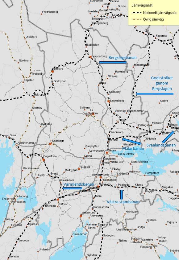 3.4 Tågbanor Kartan visar tågbanor som det bedrivs persontrafik på inom Örebro län och mot angränsande län.