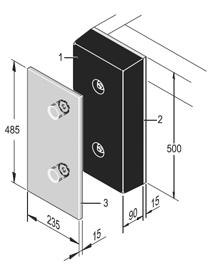 4.2.3 Stötdämparalternativ 4.2.3.1 RB/2: Buffertar HxBxD = 250x250x90 1 buffert 250x250x90 4.2.3.2 RB: Buffertar HxBxD = 500x250x90 1 buffert 500x250x90 4.2.3.3 RB: Buffert med skyddsplatta av stål HxWxD = 500 x 250 x 105 1 buffert 500 x 250 x 90 2 skyddsplattor 485 x 235 x 15 för buffert 4.