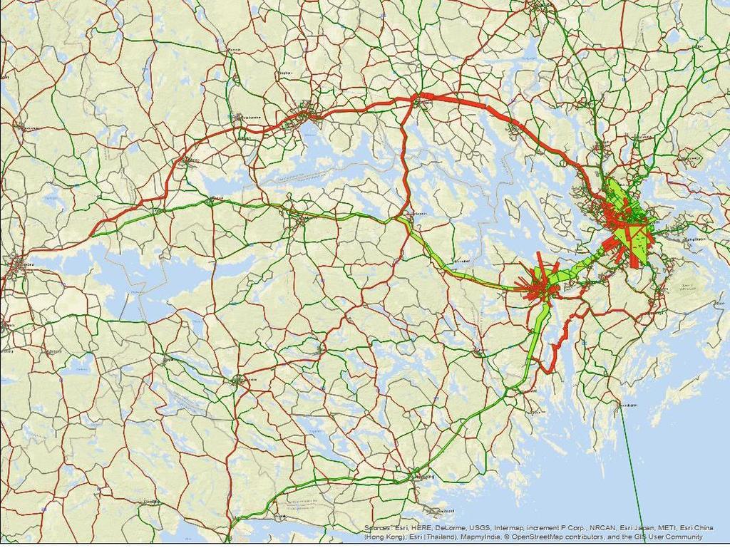 6(11) Konsekvenser Influensområde Bilden nedan visar vart trafiken spontant tar vägen när bron har kapacitetsbegränsningar och alla bilister är fullt informerade om färdväg.