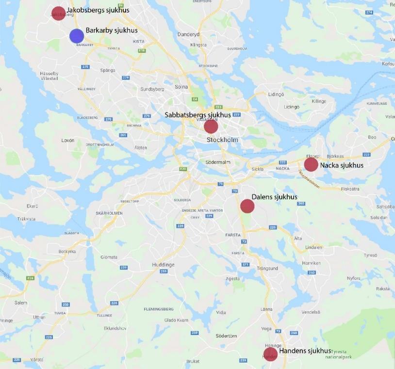 Figur 1. I kartan visas de valda referenssjukhusen till denna uppskattning. Tabell 2. En jämförande analys av de valda referenssjukhusen och dess parametrar kopplade till behov av parkering.