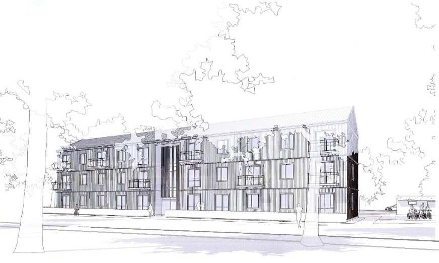 Perspektivbild av föreslaget nytt flerbostadshus, betraktat från sydost (exempel på  Källa: Tengbom arkitekter.